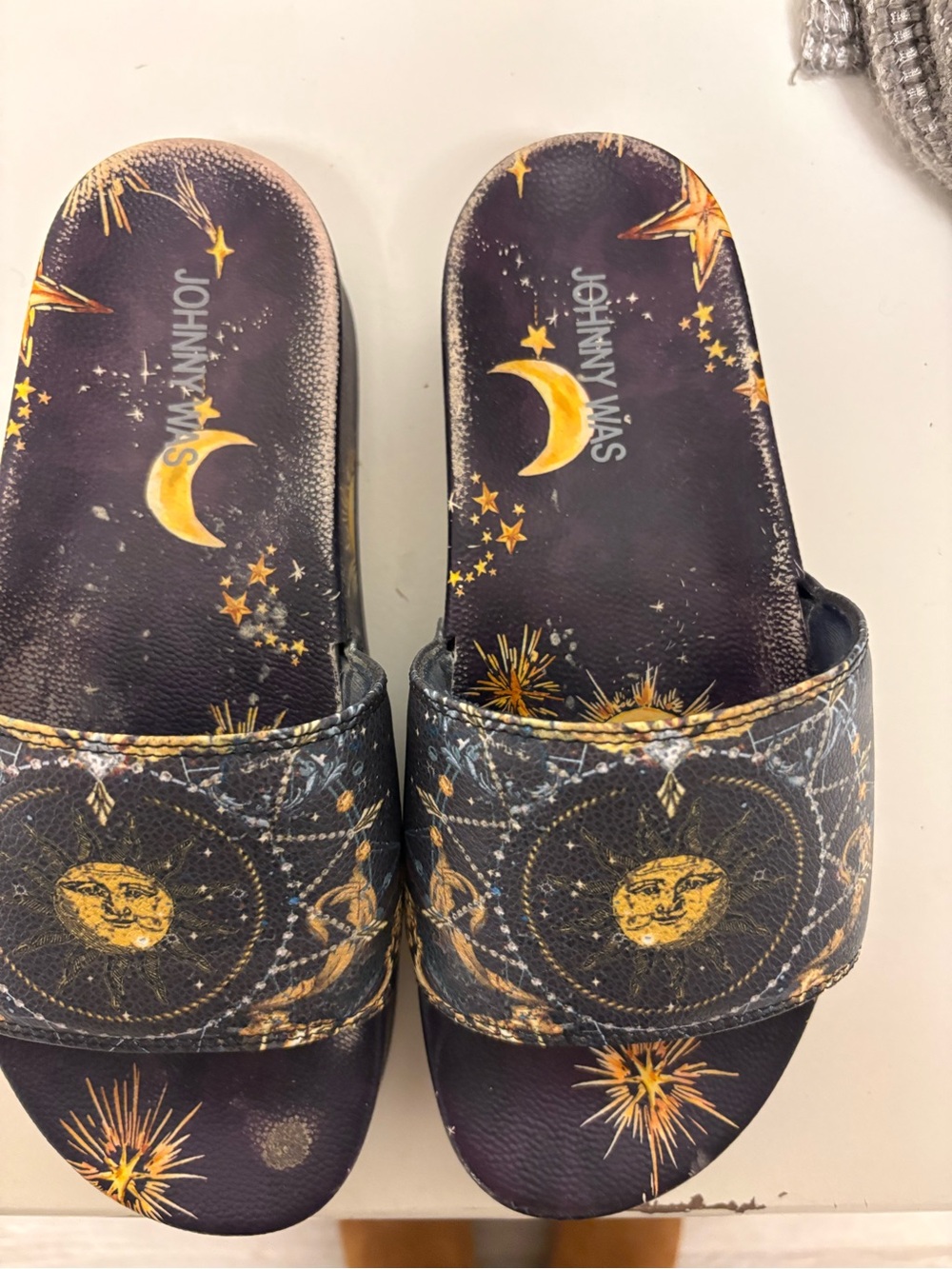 Johnny Was Navy and Gold Celestial Slide Mules